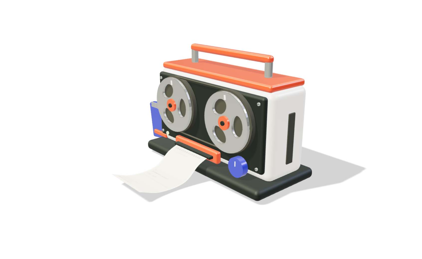 The studio's orange and ivory tape machine, with metal reels and a paper output.